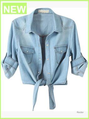 3/4 Sleeve Denim Crop Top Cardigan Tie Knot Shirt